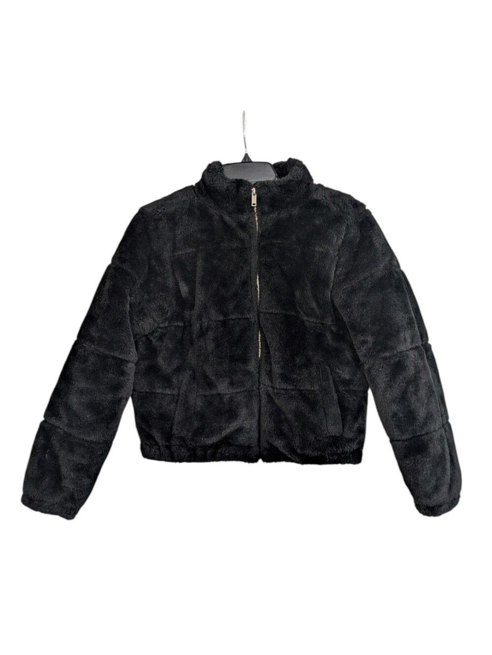 Black Furry Cropped Puffer Coat By Stella Tweed Size Small Womens Fleece Jacket